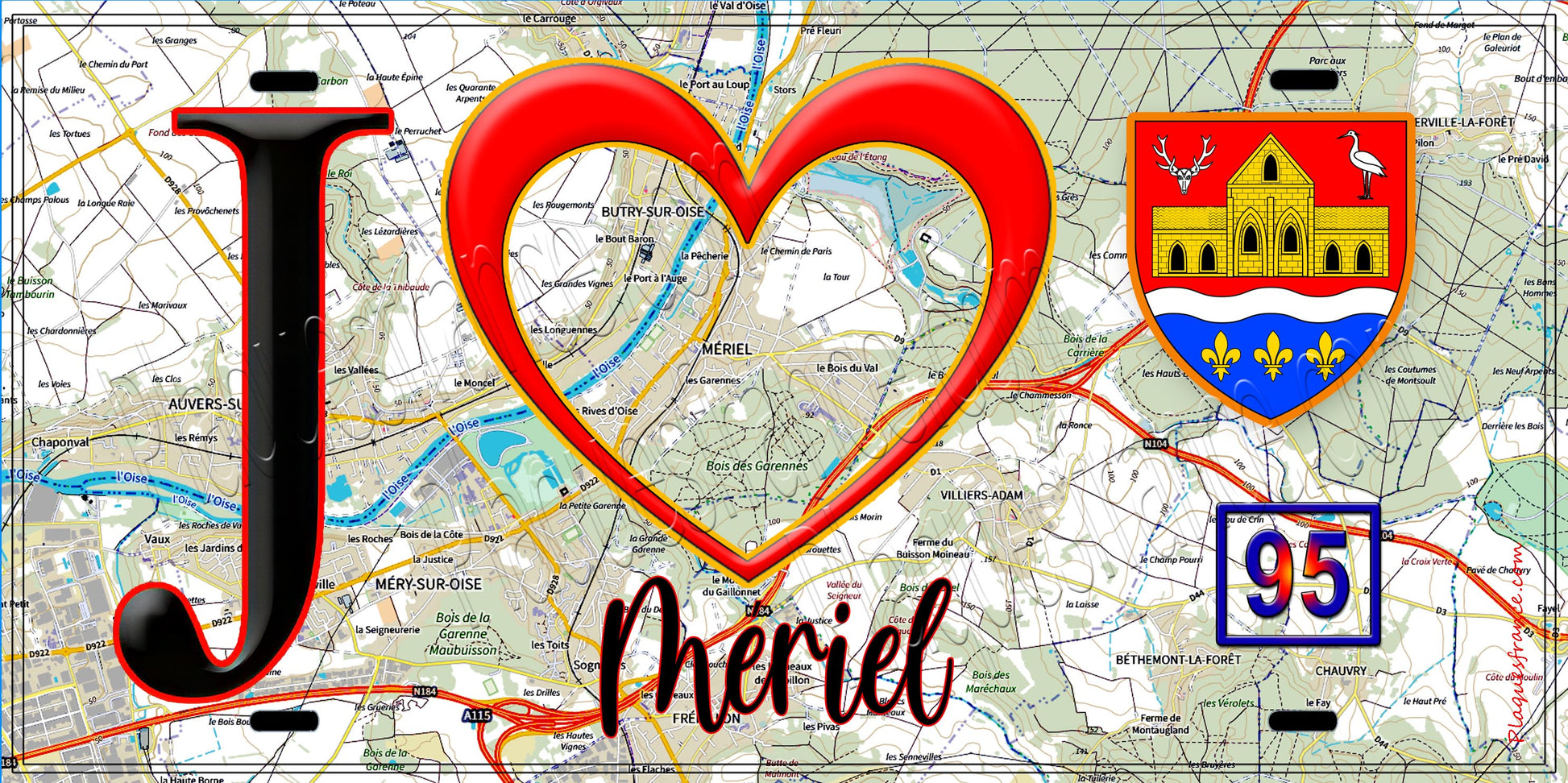 Plaque métal décorative  J' ❤️Mériel, Val d'Oise (95) fond carte