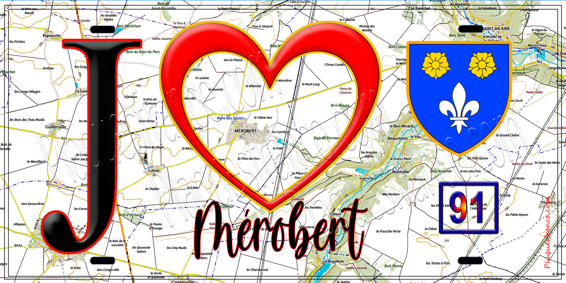Plaque métal décorative  J' ❤️Mérobert, Essonne (91) fond carte