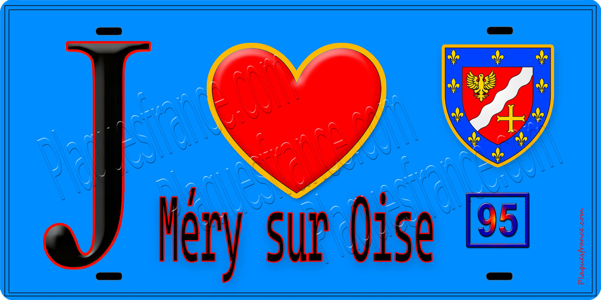 Plaque métal décorative  J' ❤️Méry-sur-Oise, Val d'Oise (95) fond bleu