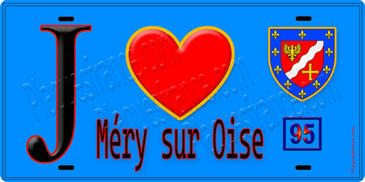 Plaque métal décorative  J' ❤️Méry-sur-Oise, Val d'Oise (95) fond bleu