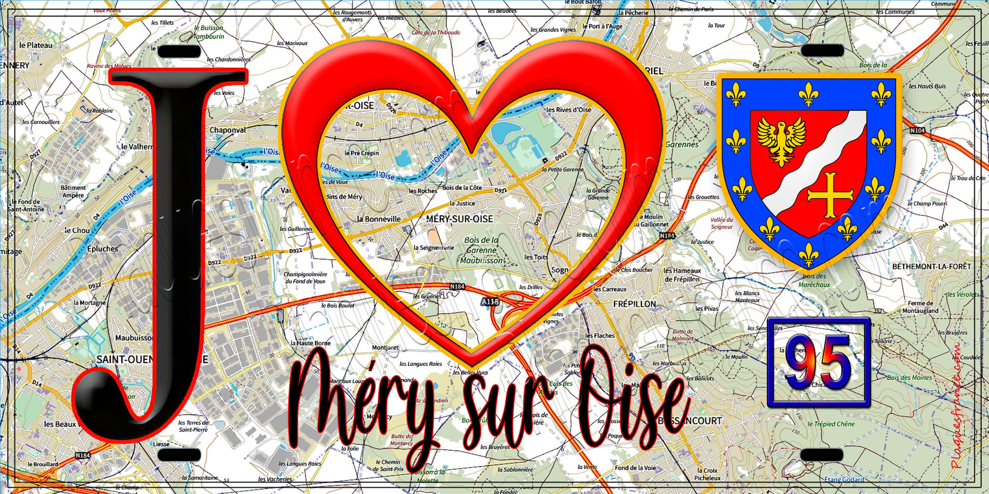 Plaque métal décorative  J' ❤️Méry-sur-Oise, Val d'Oise (95) fond cate