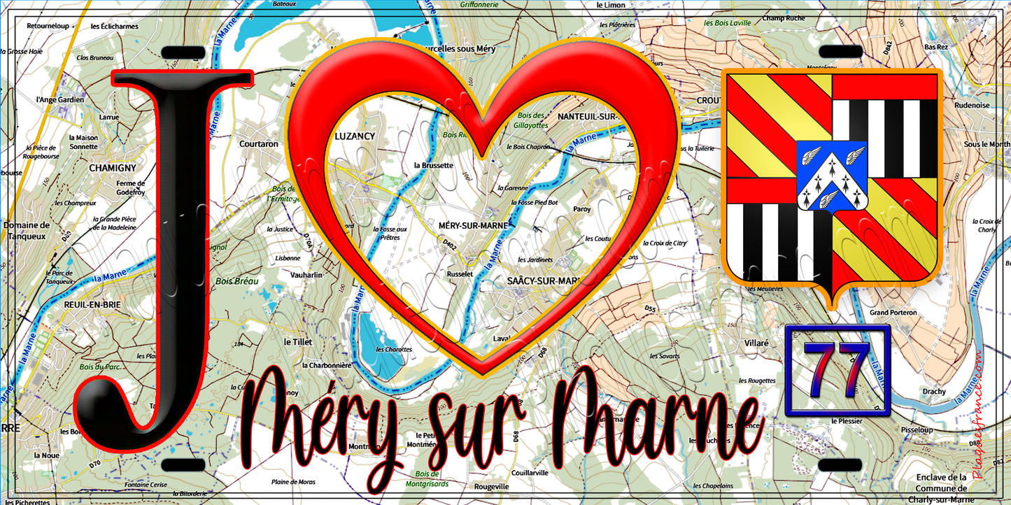 Plaque métal décorative  J' ❤️Méry-sur-Marne, Seine et Marne (77) fond carte