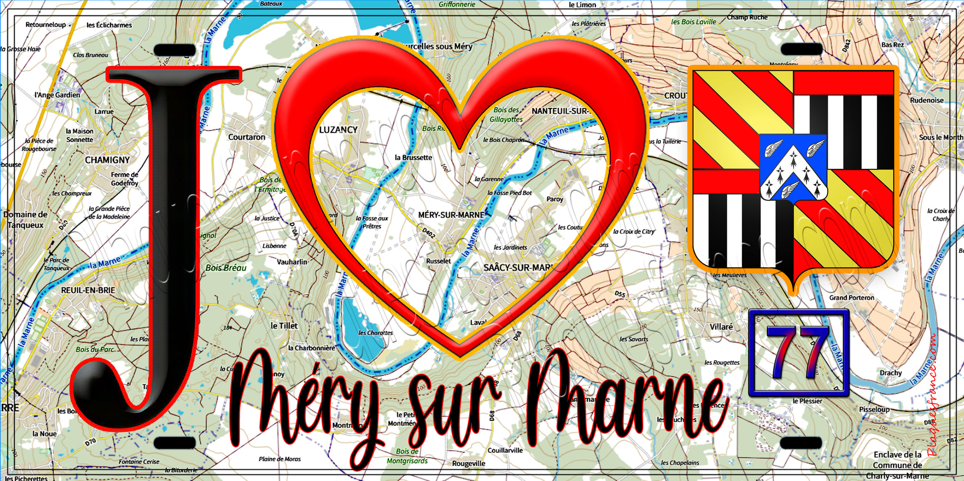 Plaque métal décorative  J' ❤️Méry-sur-Marne, Seine et Marne (77) fond carte