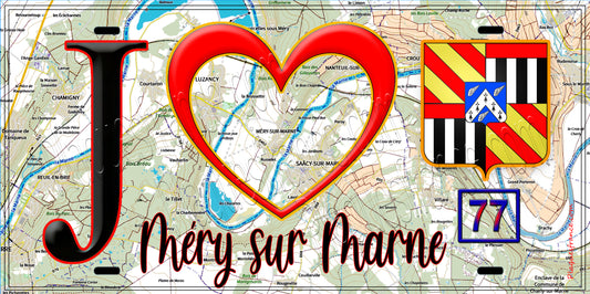 Plaque métal décorative  J' ❤️Méry-sur-Marne, Seine et Marne (77) fond carte