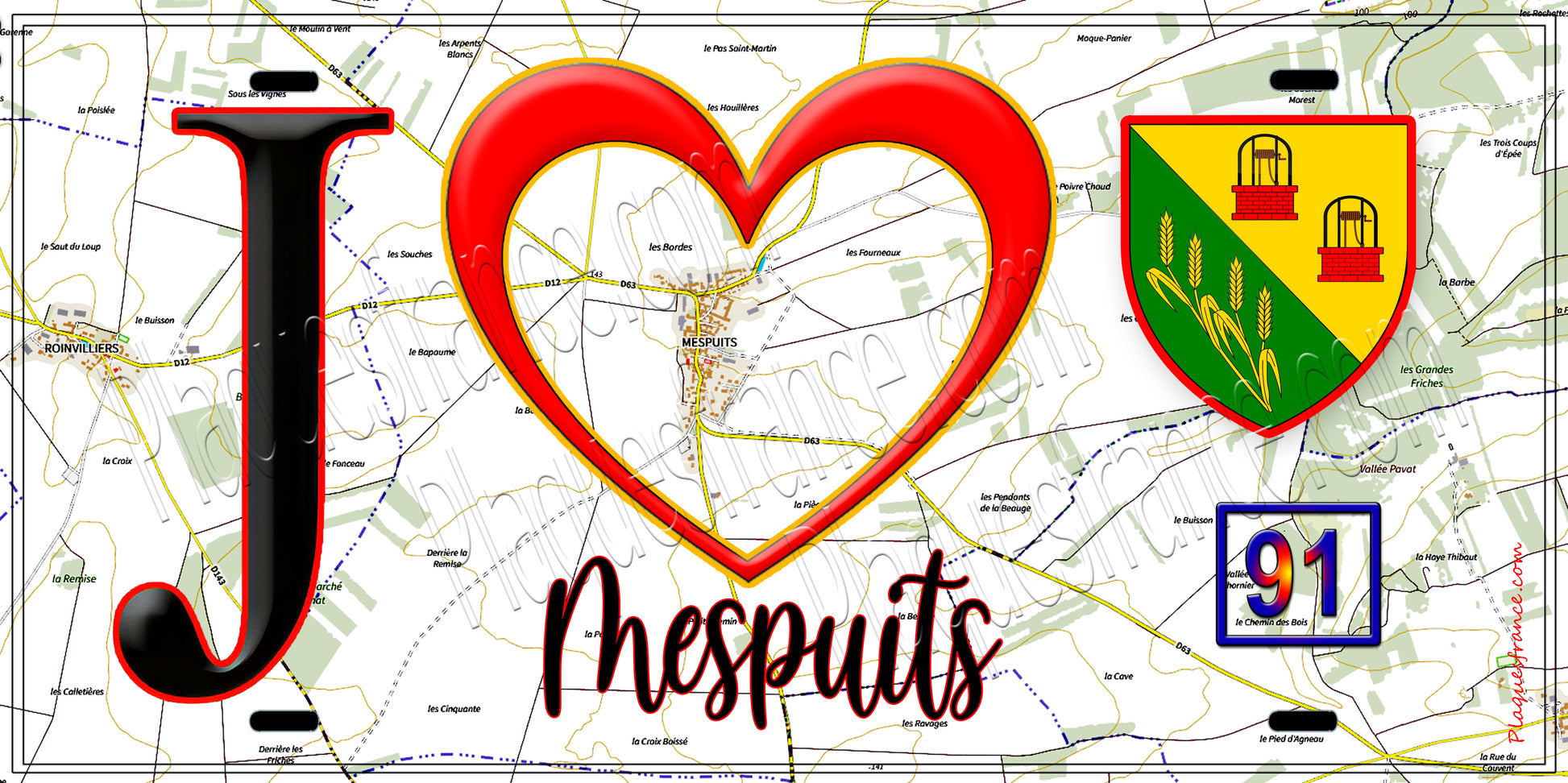Plaque métal décorative  J' ❤️Mespuits, Essonne (91) fond carte