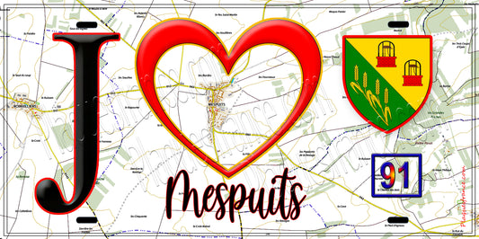 Plaque métal décorative  J' ❤️Mespuits, Essonne (91) fond carte