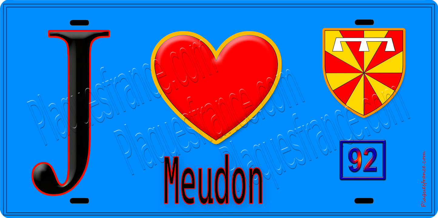 Plaque métal décorative  J' ❤️ Meudon, Hauts de Seine (92) fond bleu