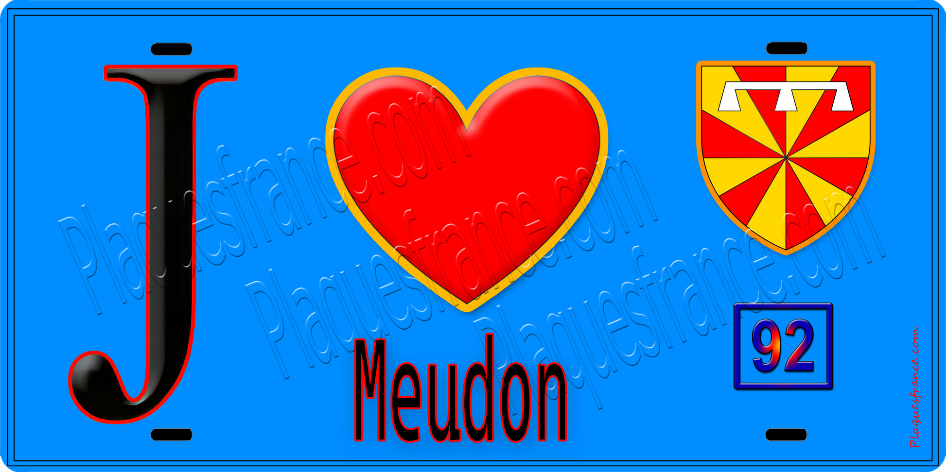 Plaque métal décorative  J' ❤️ Meudon, Hauts de Seine (92) fond bleu