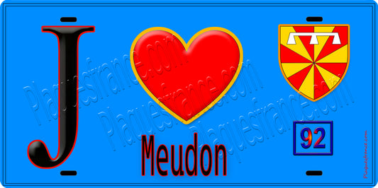 Plaque métal décorative  J' ❤️ Meudon, Hauts de Seine (92) fond bleu