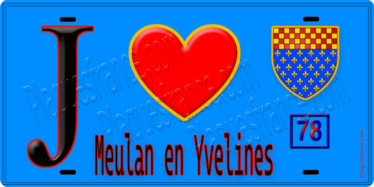 Plaque métal décorative  J' ❤️ Meulan-en-Yvelines, Yvelines (78) fond bleu