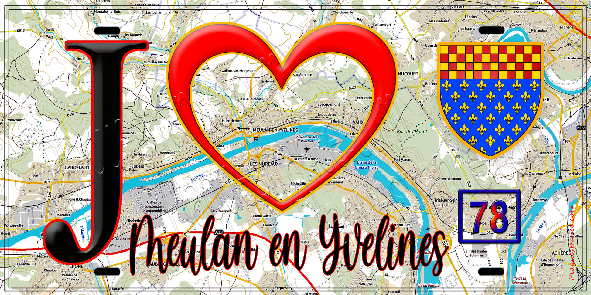 Plaque métal décorative  J' ❤️ Meulan-en-Yvelines, Yvelines (78) fond carte