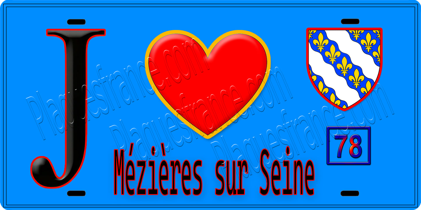 Plaque métal décorative  J' ❤️ Mézières-sur-Seine, Yvelines (78) fond bleu