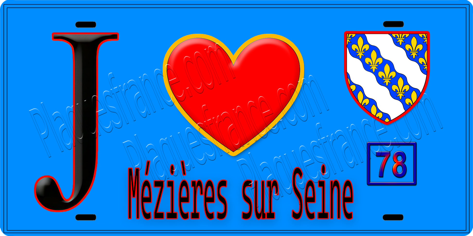 Plaque métal décorative  J' ❤️ Mézières-sur-Seine, Yvelines (78) fond bleu