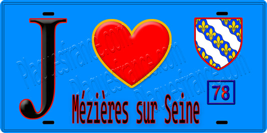 Plaque métal décorative  J' ❤️ Mézières-sur-Seine, Yvelines (78) fond bleu