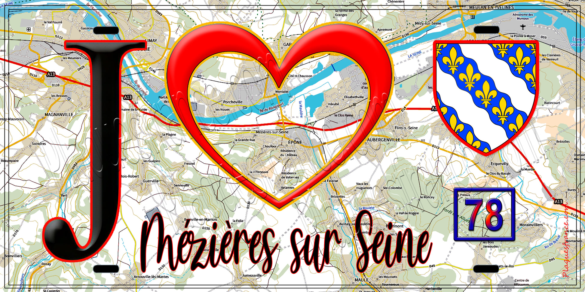 Plaque métal décorative  J' ❤️ Mézières-sur-Seine, Yvelines (78) fond carte