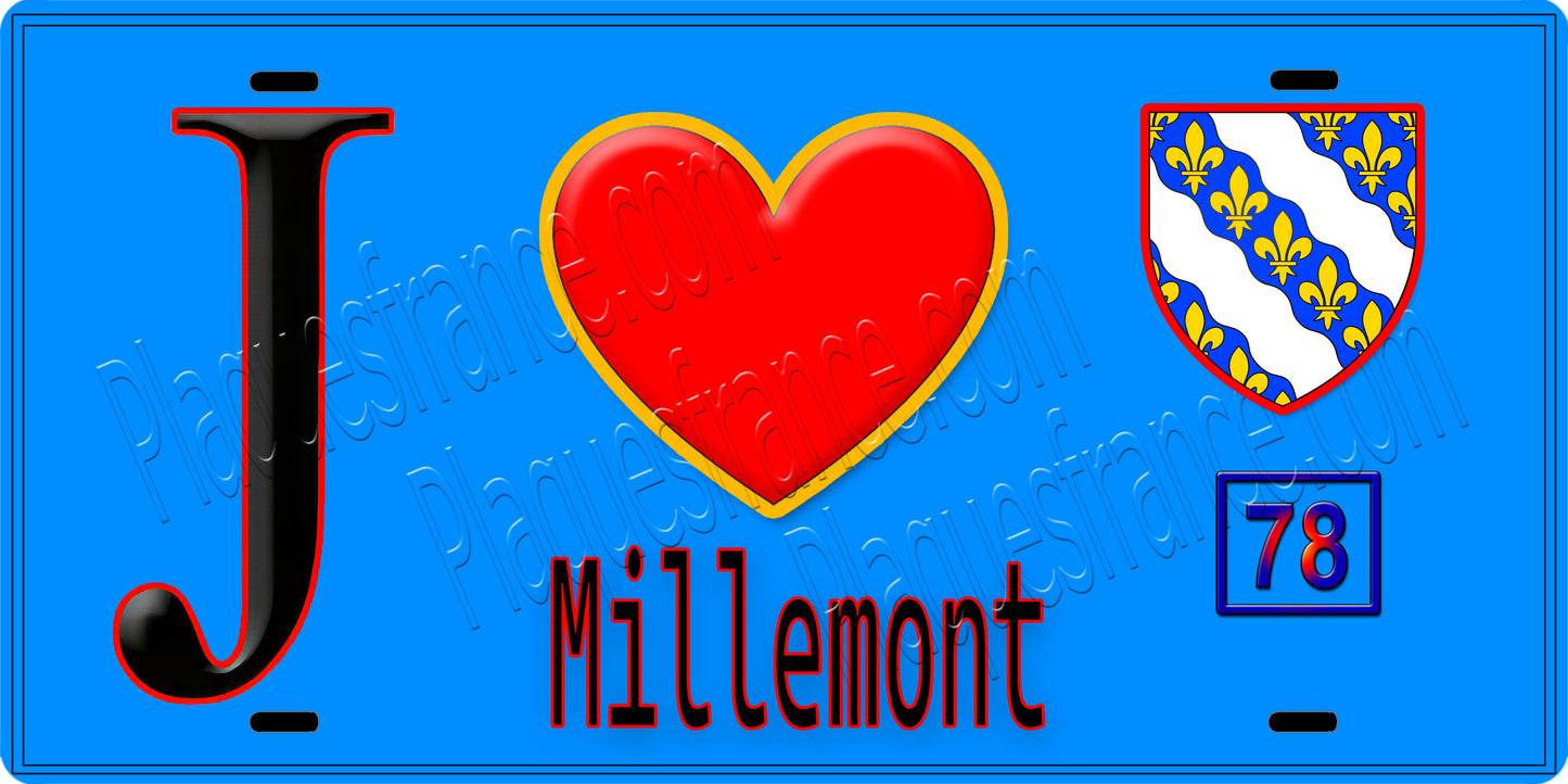 Plaque métal décorative  J' ❤️ Millemont, Yvelines (78) fond bleu