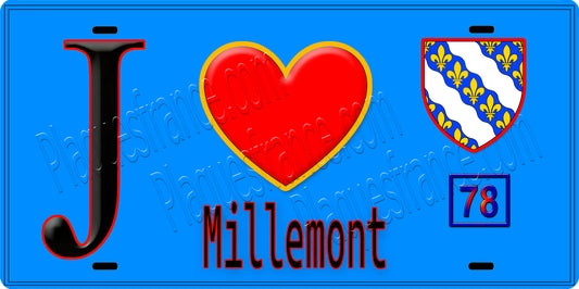 Plaque métal décorative  J' ❤️ Millemont, Yvelines (78) fond bleu