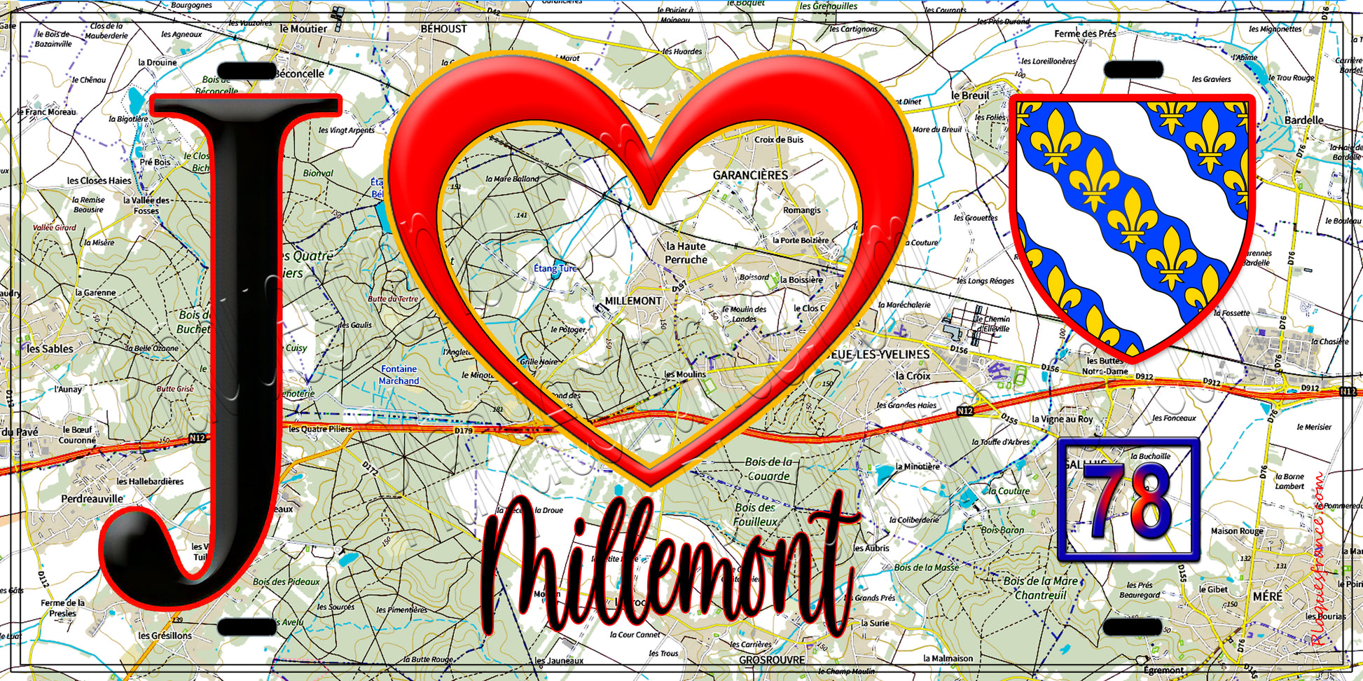 Plaque métal décorative  J' ❤️ Millemont, Yvelines (78) fond carte
