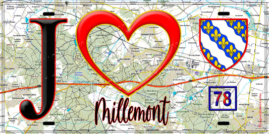 Plaque métal décorative  J' ❤️ Millemont, Yvelines (78) fond carte