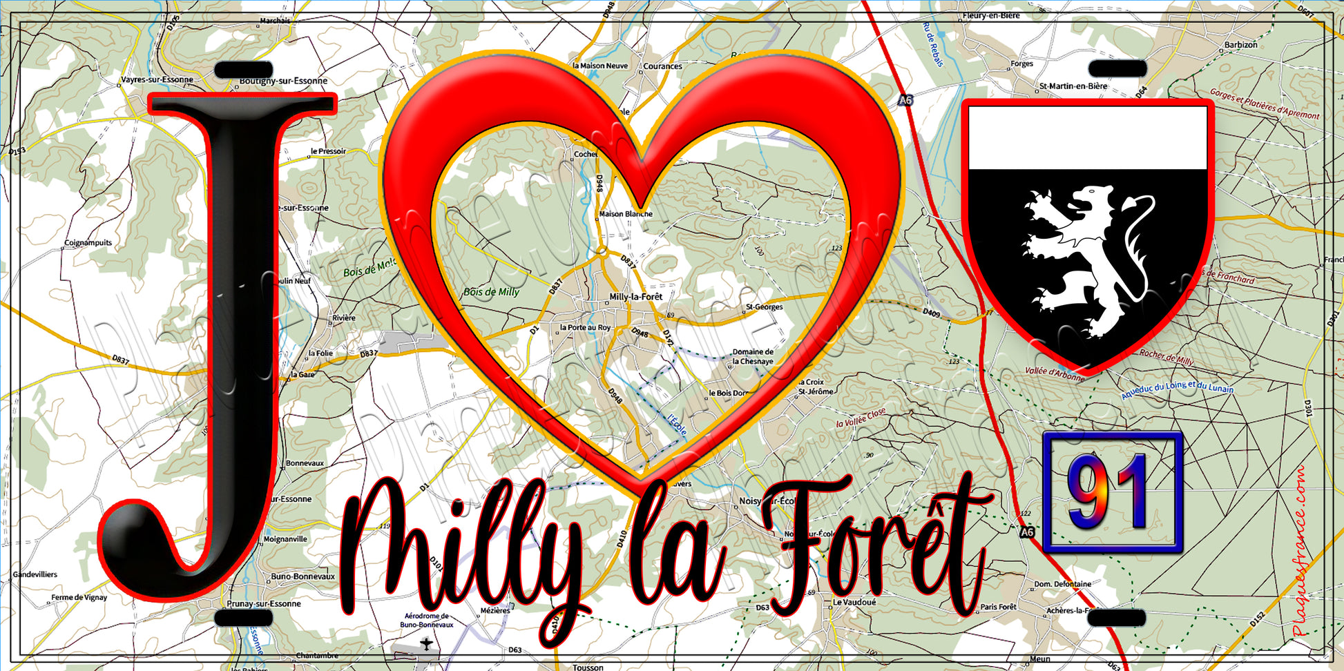 Plaque métal décorative  J' ❤️Milly-la-Forêt, Essonne (91) fond carte