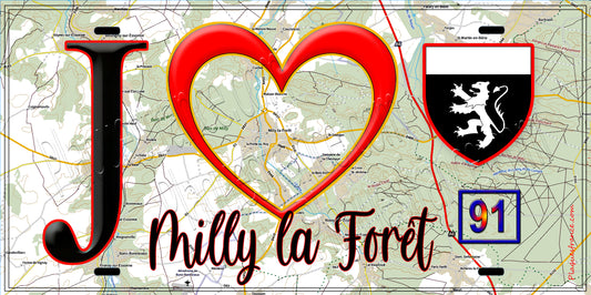 Plaque métal décorative  J' ❤️Milly-la-Forêt, Essonne (91) fond carte