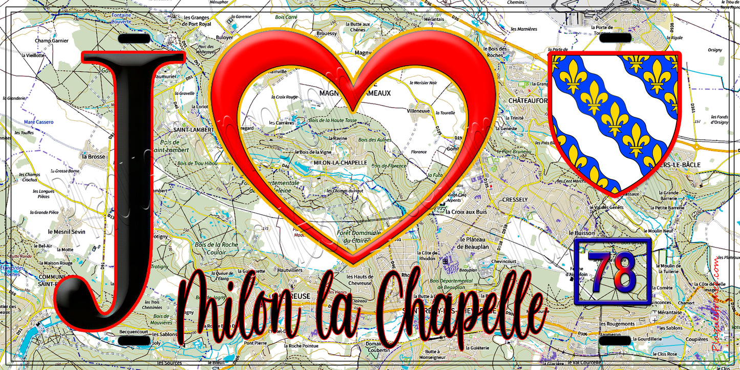 Plaque métal décorative  J' ❤️ Milon-la-Chapelle, Yvelines (78) fond carte