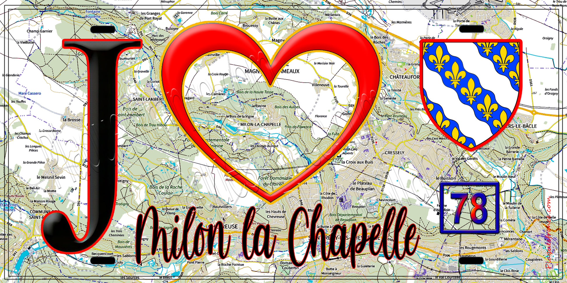 Plaque métal décorative  J' ❤️ Milon-la-Chapelle, Yvelines (78) fond carte