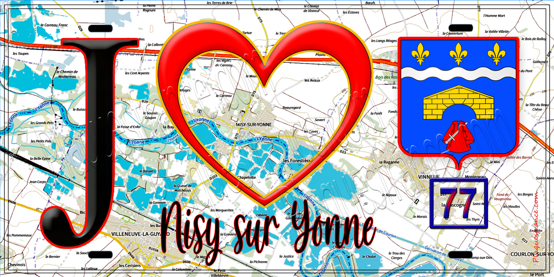 Plaque métal décorative  J' ❤️Misy-sur-Yonne, Seine et Marne (77) fond carte
