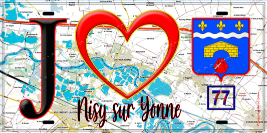 Plaque métal décorative  J' ❤️Misy-sur-Yonne, Seine et Marne (77) fond carte