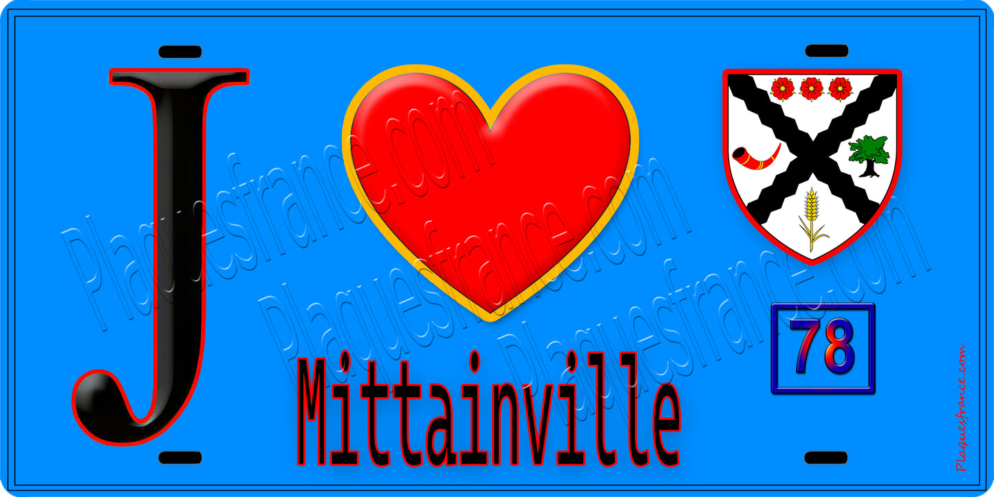 Plaque métal décorative  J' ❤️ Mittainville, Yvelines (78) fond bleu