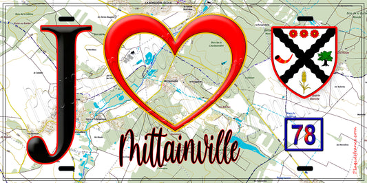 Plaque métal décorative  J' ❤️ Mittainville, Yvelines (78) fond carte