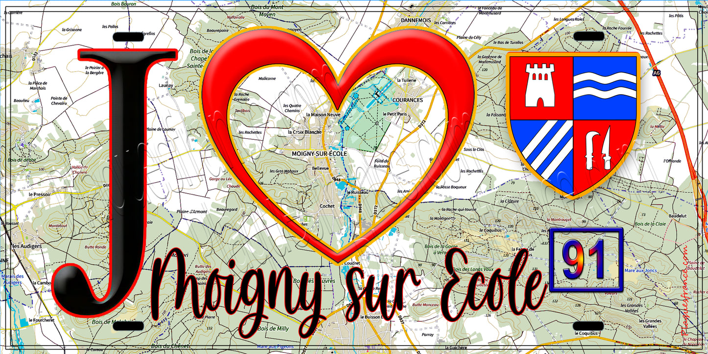 Plaque métal décorative  J' ❤️Moigny-sur-École, Essonne (91) fond carte