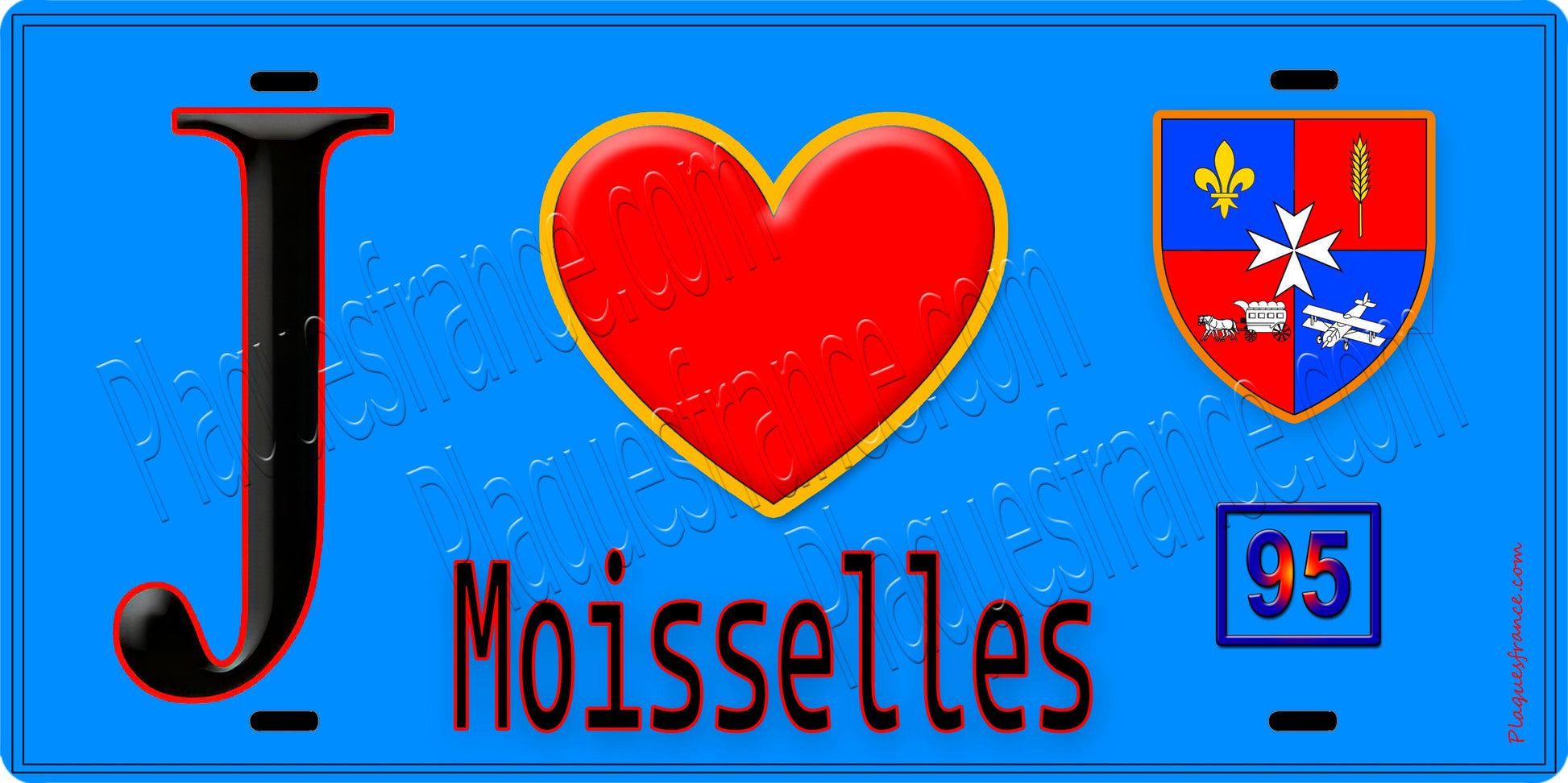 Plaque métal décorative  J' ❤️Moisselles, Val d'Oise (95) fond bleu