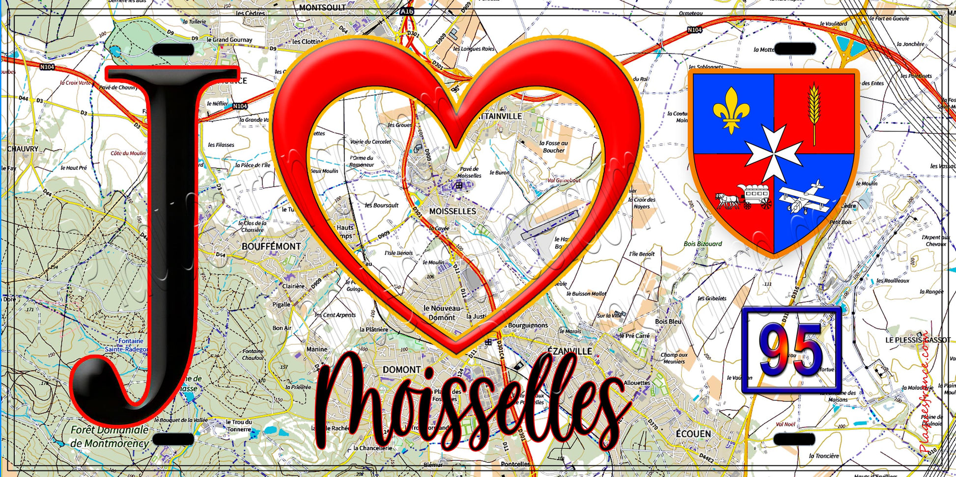 Plaque métal décorative  J' ❤️Moisselles, Val d'Oise (95) fond carte