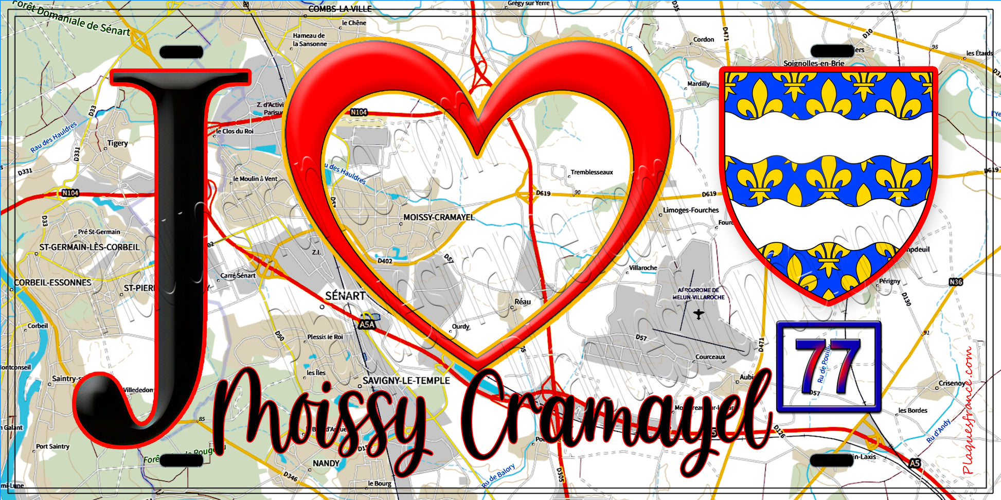 Plaque métal décorative  J' ❤️Moissy-Cramayel, Seine et Marne (77) fond carte