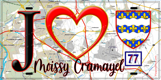 Plaque métal décorative  J' ❤️Moissy-Cramayel, Seine et Marne (77) fond carte