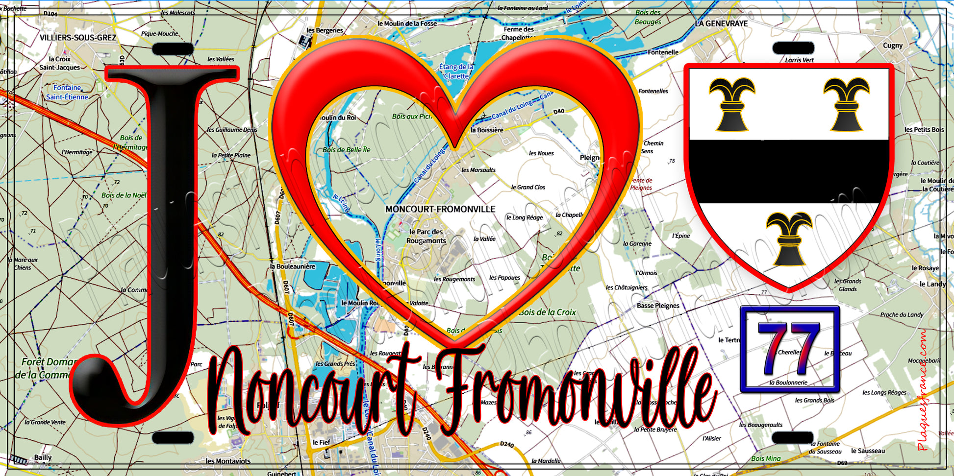 Plaque métal décorative  J' ❤️Moncourt-Fromonville, Seine et Marne (77) fond carte