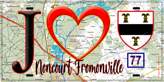 Plaque métal décorative  J' ❤️Moncourt-Fromonville, Seine et Marne (77) fond carte