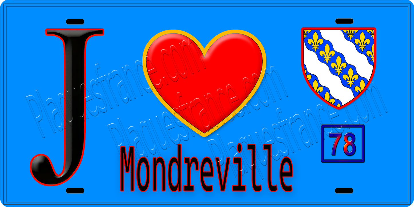 Plaque métal décorative  J' ❤️ Mondreville, Yvelines (78) fond bleu