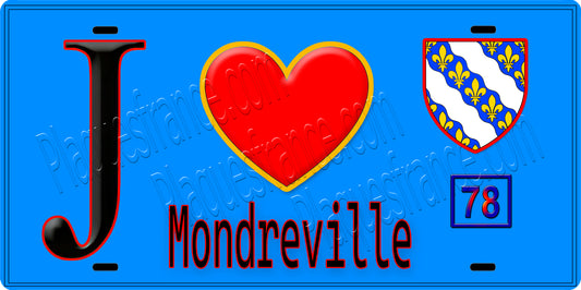 Plaque métal décorative  J' ❤️ Mondreville, Yvelines (78) fond bleu
