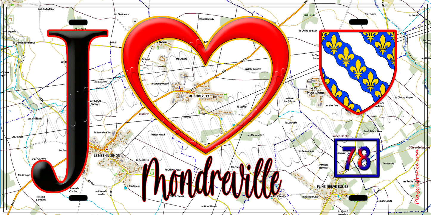Plaque métal décorative  J' ❤️ Mondreville, Yvelines (78) fond carte