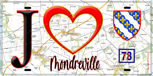 Plaque métal décorative  J' ❤️ Mondreville, Yvelines (78) fond carte