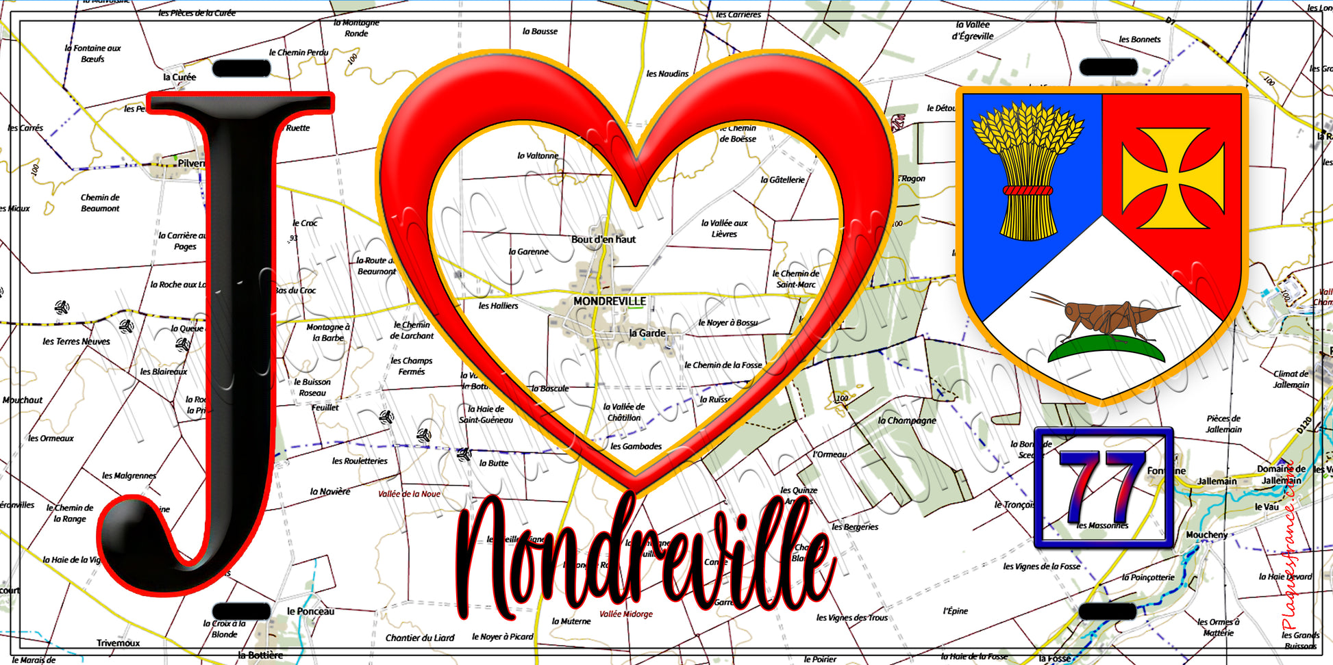 Plaque métal décorative  J' ❤️Mondreville, Seine et Marne (77) fond carte