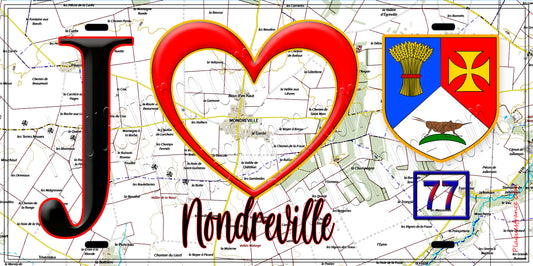 Plaque métal décorative  J' ❤️Mondreville, Seine et Marne (77) fond carte