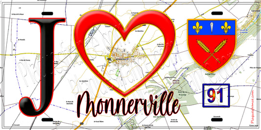 Plaque métal décorative  J' ❤️Monnerville, Essonne (91) fond carte