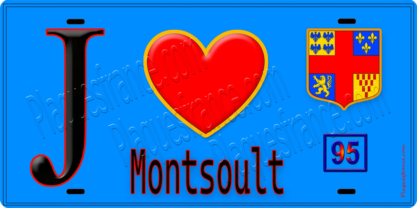 Plaque métal décorative  J' ❤️Montsoult, Val d'Oise (95) fond bleu