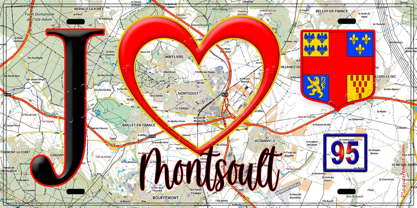 Plaque métal décorative  J' ❤️Montsoult, Val d'Oise (95) fond carte