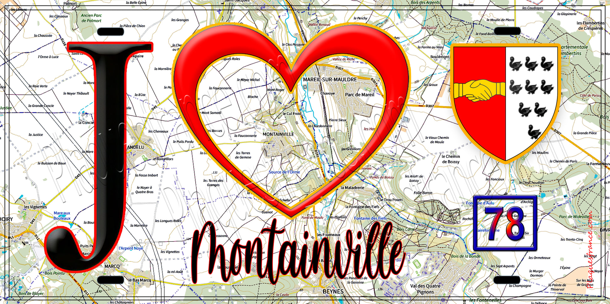 Plaque métal décorative  J' ❤️ Montainville, Yvelines (78) fond carte