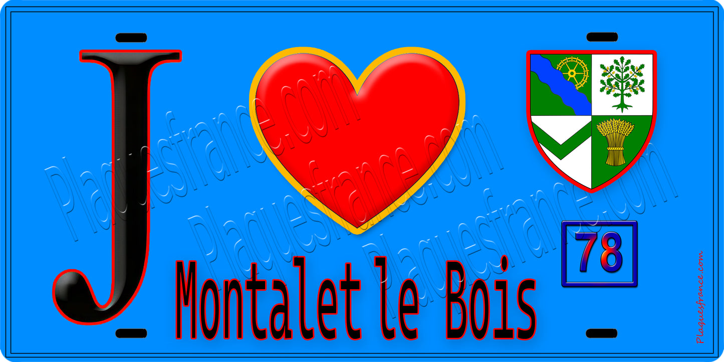 Plaque métal décorative  J' ❤️ Montalet-le-Bois, Yvelines (78) fond bleu