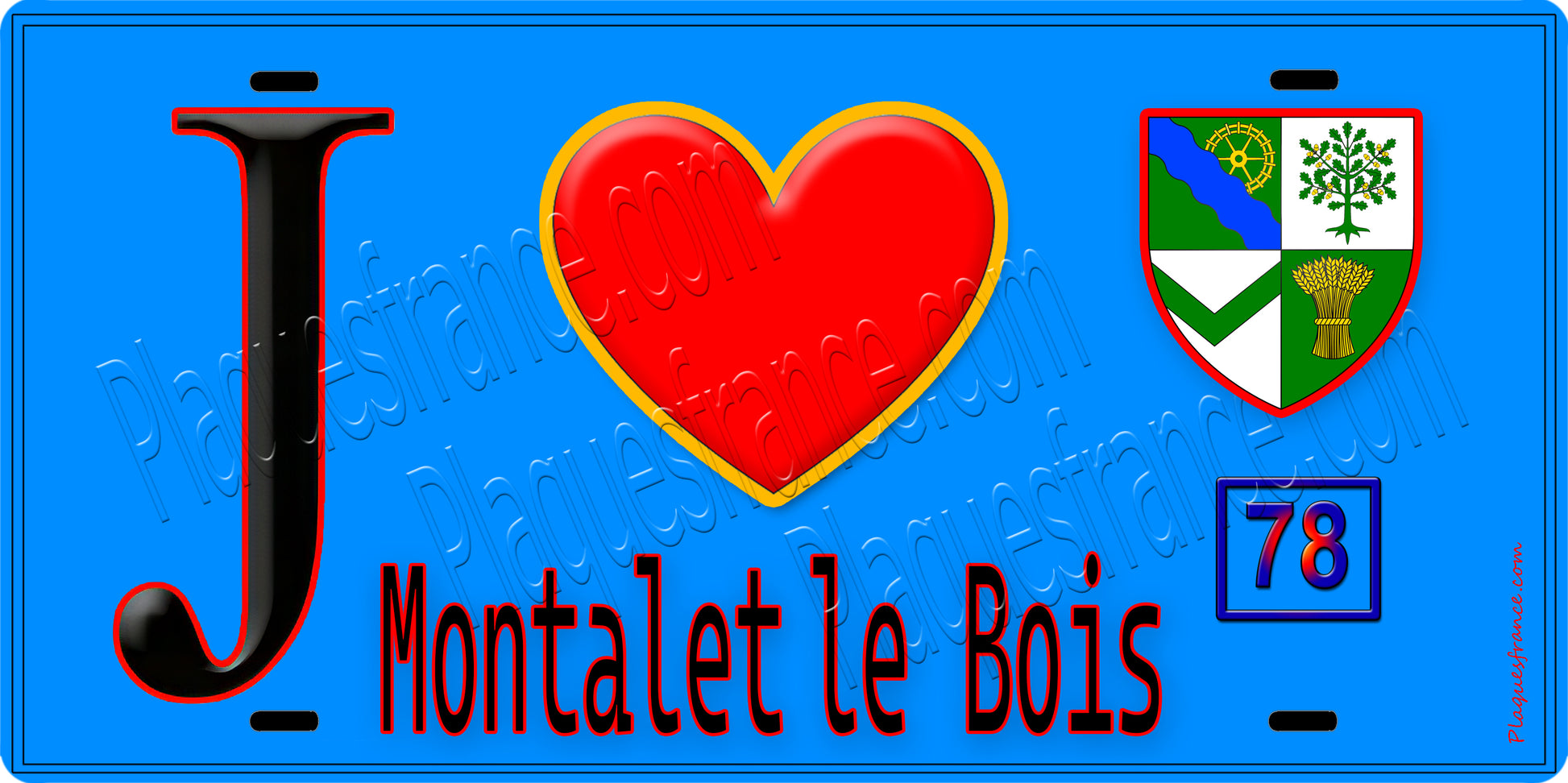 Plaque métal décorative  J' ❤️ Montalet-le-Bois, Yvelines (78) fond bleu